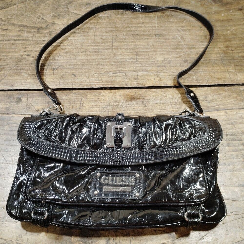 GUESS Black Glossy Patent Purse Shoulder Bag Logo Silver Hardware Vintage Faux